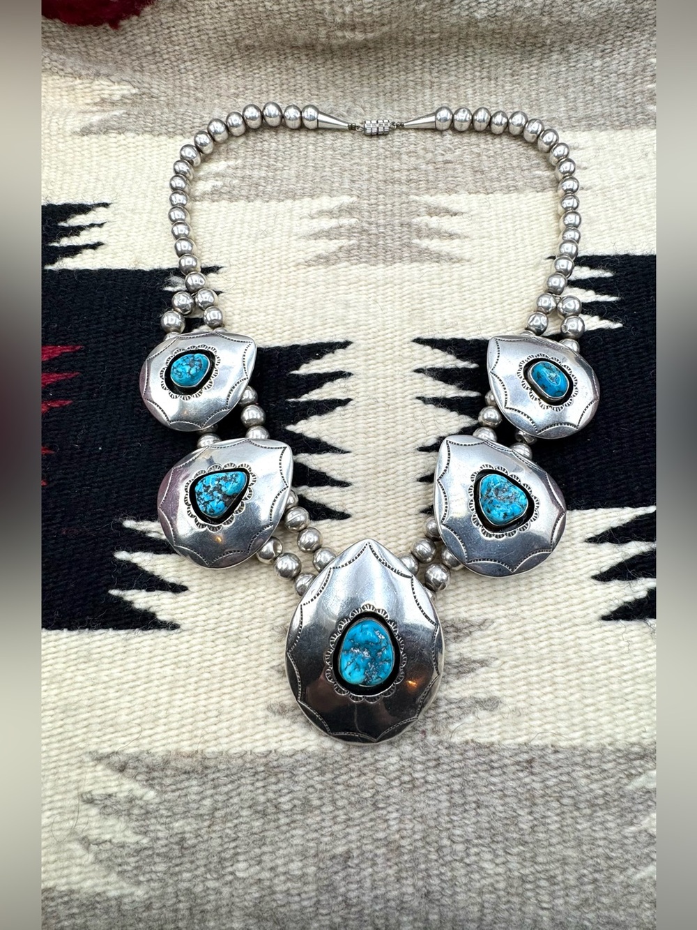 Navajo Native American Sterling Silver Natural Turquoise Beaded Bib Necklace - Picture 3 of 10